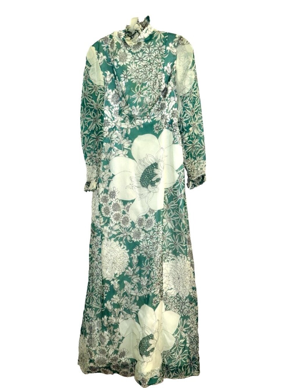 Vintage 1970s Green White FLORAL MAXI DRESS Boho M Formal Ruffles Lined L/S
